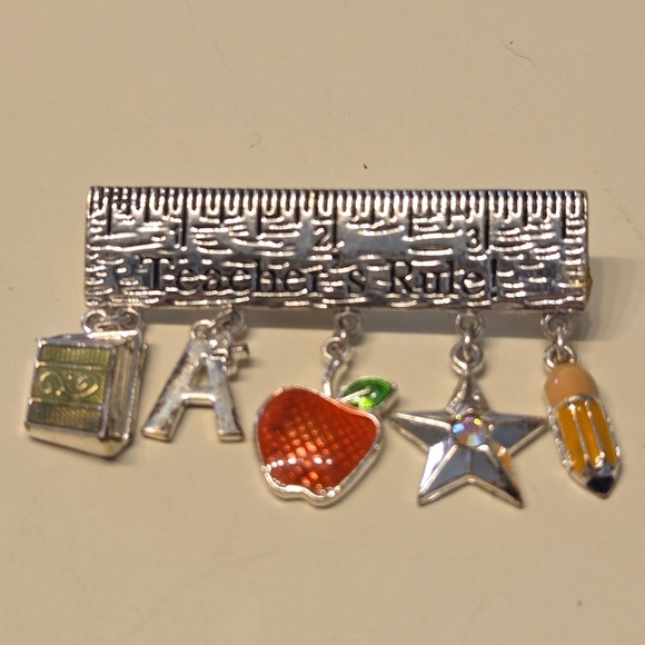 Jewelry - Vintage Silver Tone Teacher Appreciation Pin Brooch Ruler Book Apple Pencil Star